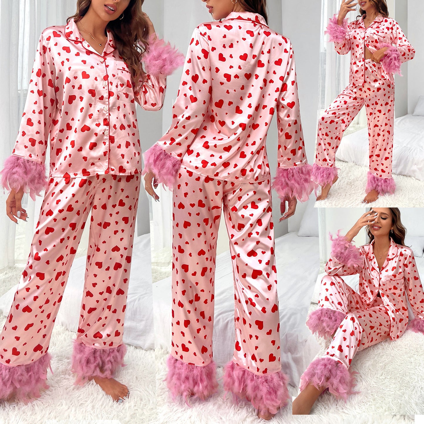 Women's Clothing Valentine's Day Sweet Loving Heart Printed Casual Suit Pajamas