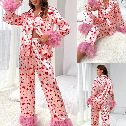 Women's Clothing Valentine's Day Sweet Loving Heart Printed Casual Suit Pajamas