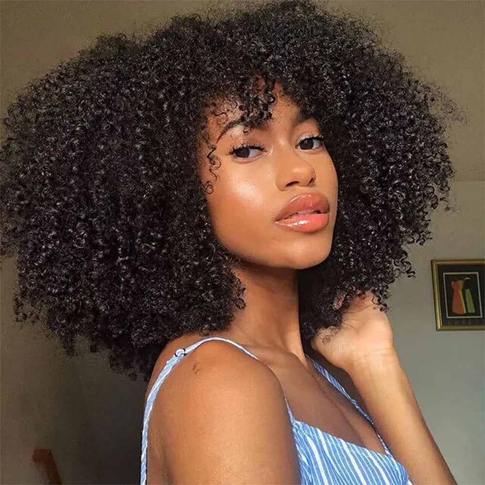 Afro Kinky Curly Human Hair Wigs with Bangs Natural Color Full Density Clueless Remy