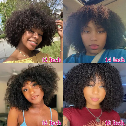 Afro Kinky Curly Human Hair Wigs with Bangs Natural Color Full Density Clueless Remy