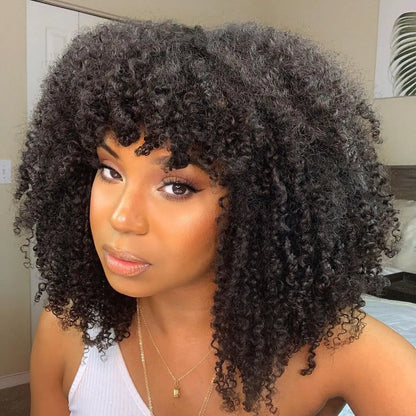 Afro Kinky Curly Human Hair Wigs with Bangs Natural Color Full Density Clueless Remy