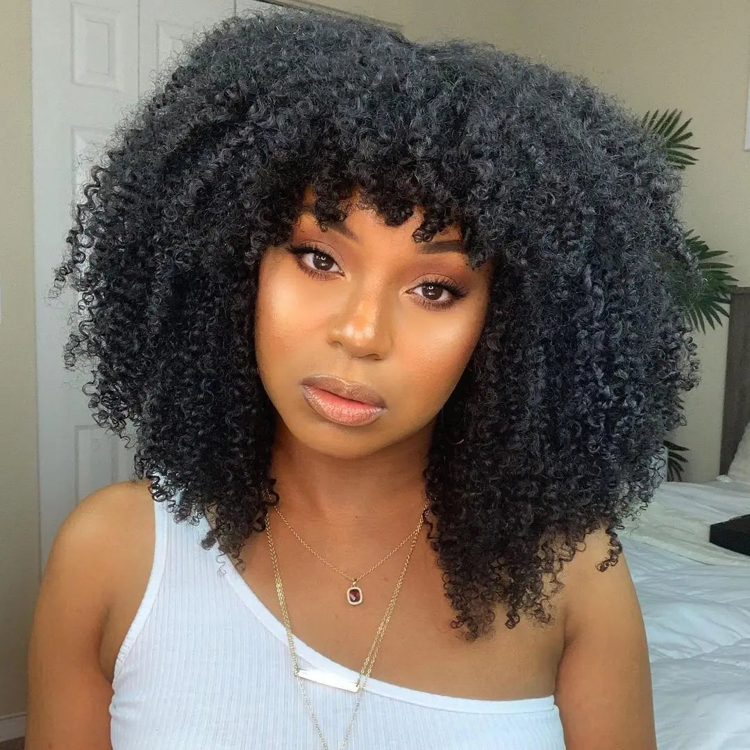 Afro Kinky Curly Human Hair Wigs with Bangs Natural Color Full Density Clueless Remy